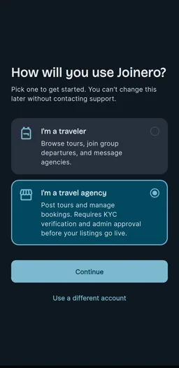 Joinero role picker screen with "I'm a travel agency" selected and a Continue button