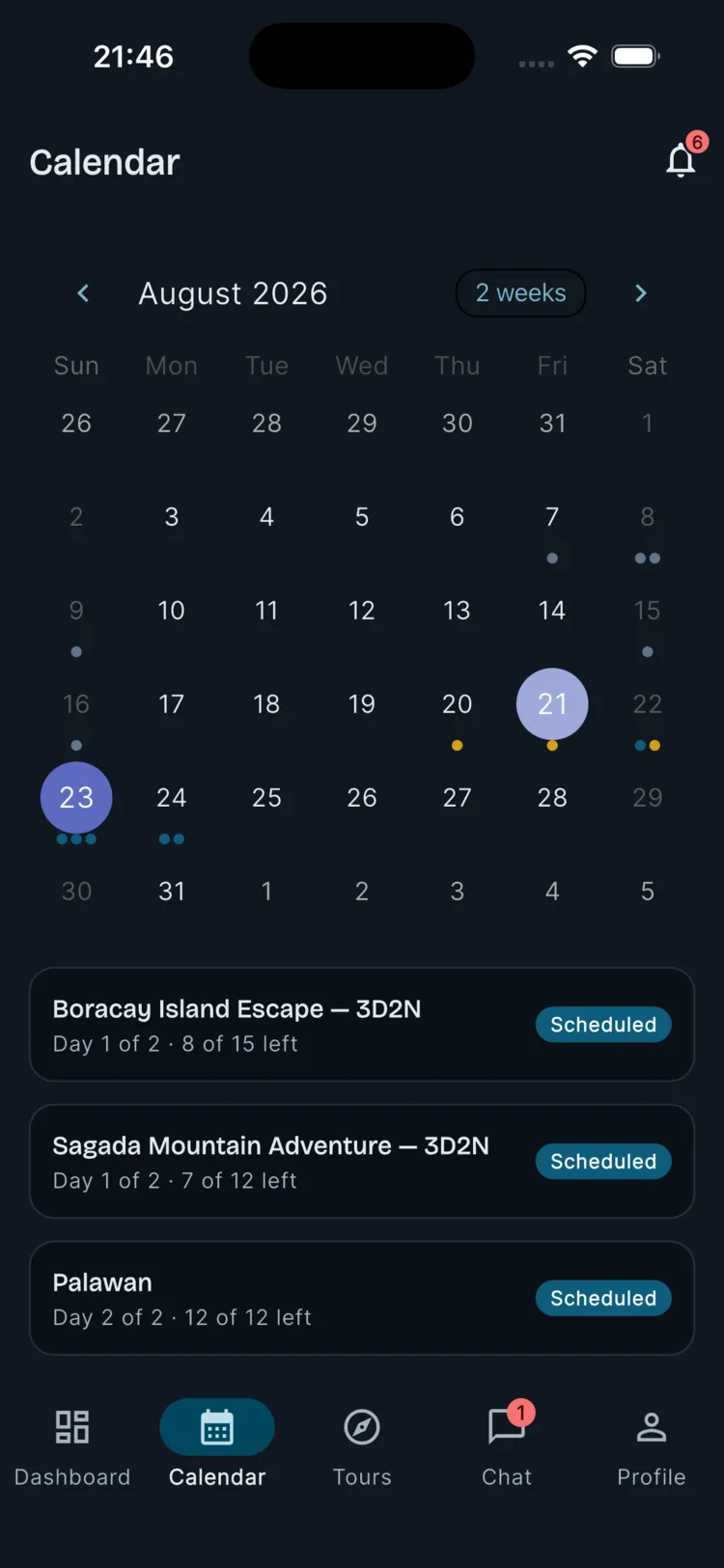 Agency calendar showing scheduled tour departures across a two-week view