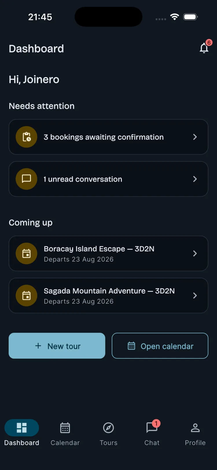 Agency dashboard showing bookings awaiting confirmation, unread conversations, and upcoming departures