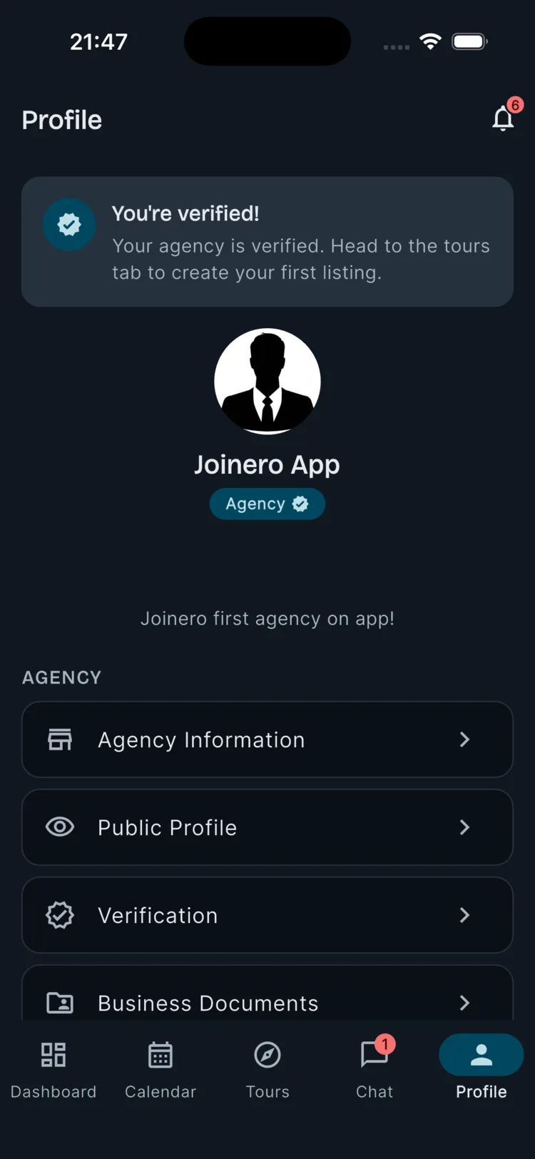 Verified agency profile hub with agency information, public profile, verification, and business documents