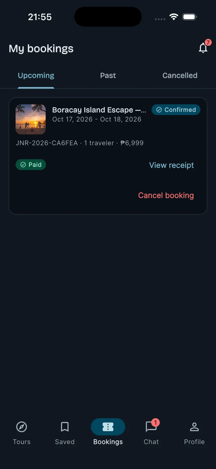 My bookings screen showing a confirmed, paid Boracay Island Escape booking with reference code