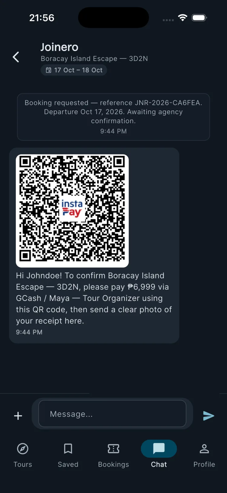 Chat with an agency showing a templated payment QR request and traveler reply