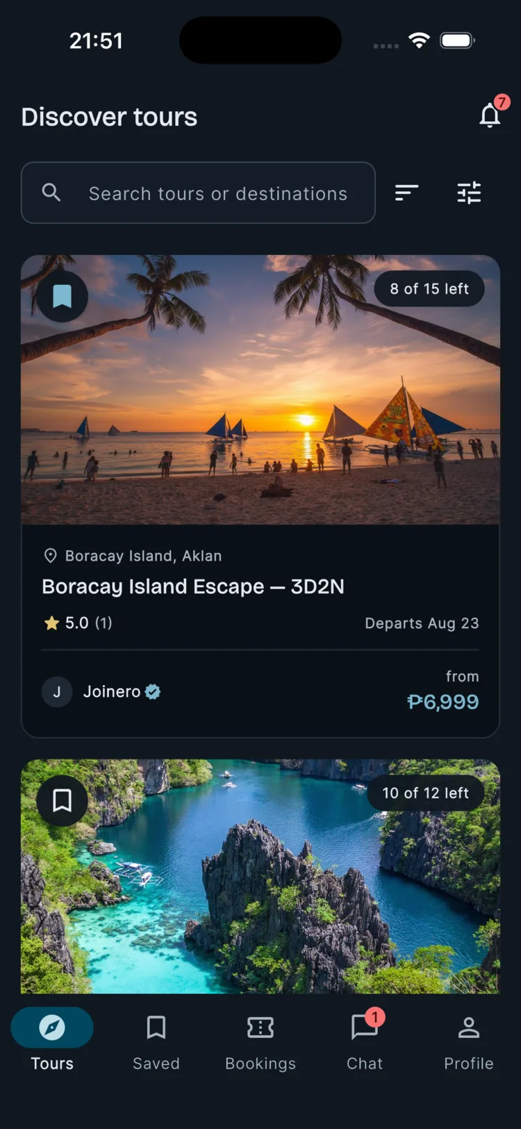 Joinero home feed showing published tour cards for Boracay Island Escape and a Palawan island-hopping trip