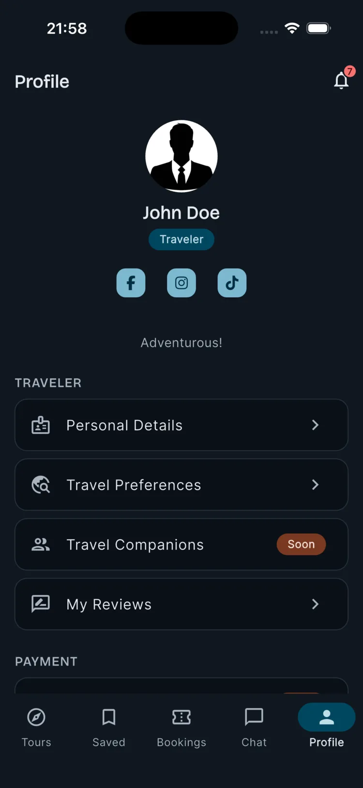 Traveler profile screen with name, bio, and linked social media icons