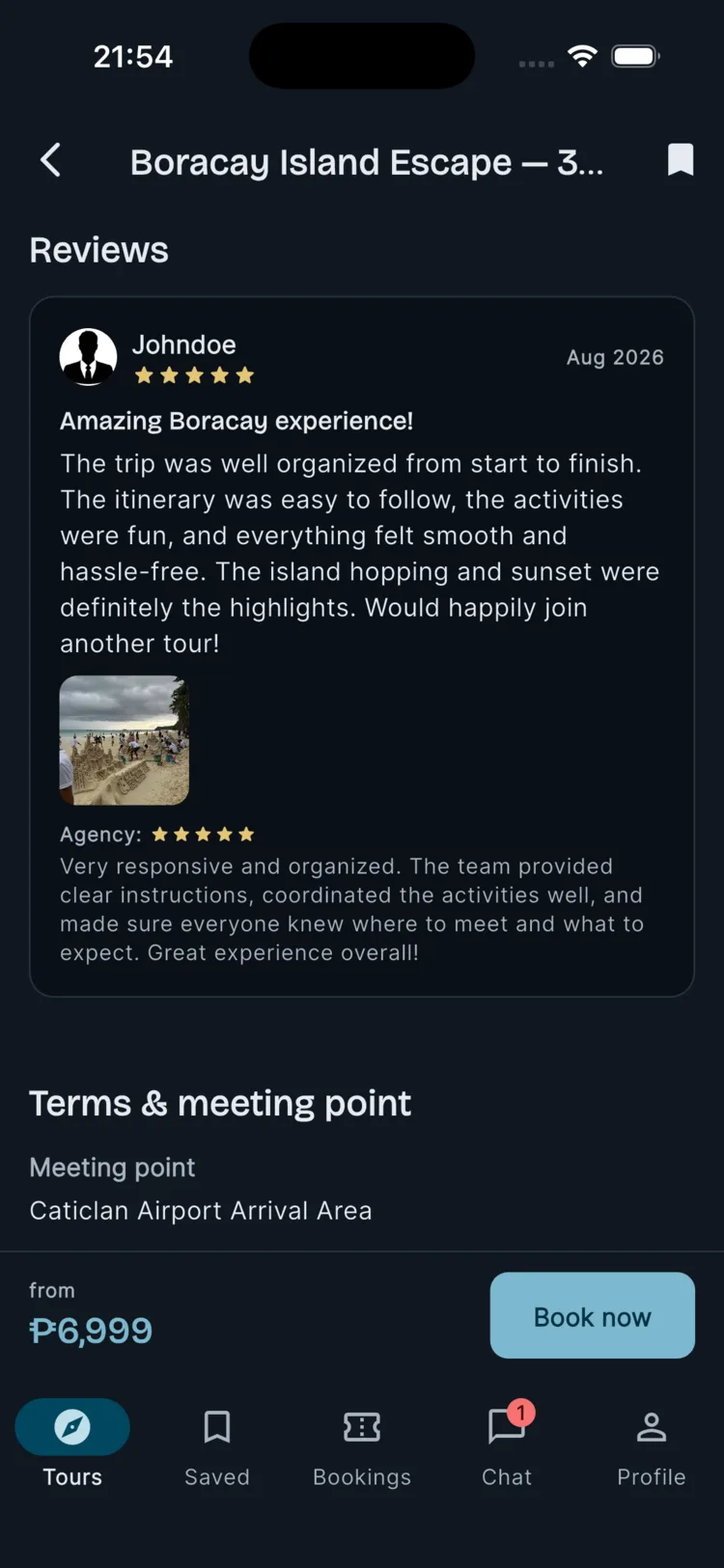 Tour detail screen showing a 5-star traveler review with a photo and an agency response