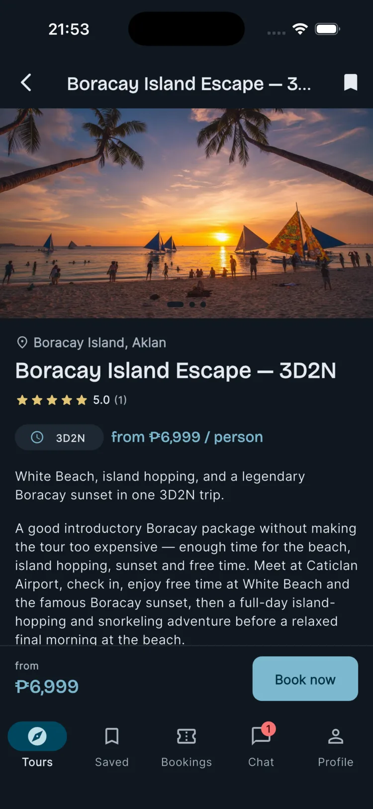 Boracay Island Escape tour detail screen with photos, rating, duration, price, and a Book now button